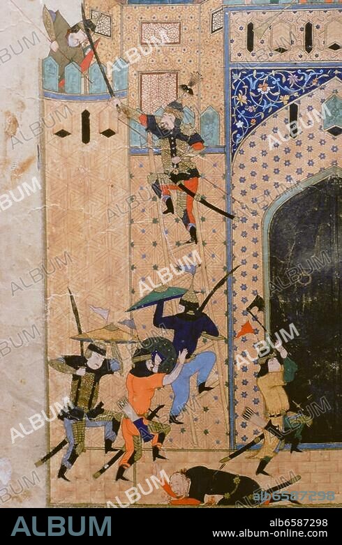 Timur (Timur Lenk, Timur-i-Läng, Tamerlan); asiatischer Eroberer aus turkisiertem mongolischen Geschlecht; Gründer der Timuriden-Dynastie in Persien und Transoxanien; Käsch (Transoxanien) 8.4.1336 - Otrar bei Tschimkent 19.1.1405. Feldzüge Timurs nach Choresmien (Khwarazm) 1372 ff.: Eroberung einer Stadt; Ausschnitt. Persische Miniatur, 1486. Illustration zum Zafar-name (Geschichte Timurs) des persischen Geschichtsschreibers Sharaf ad-Din Ali Yazdi. Gouache auf Papier. Ms. 1964. Istanbul, Museum für türkische und islamische Kunst.