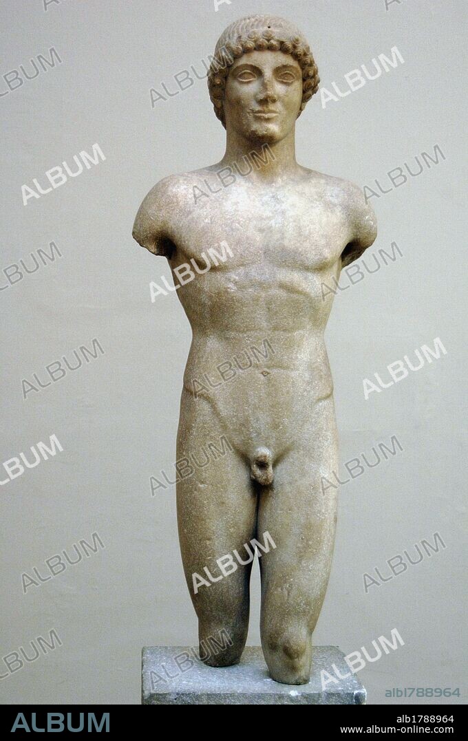 Statue of a Kouros (idealised youth). The Strangford Apollo. Marble. 500-490 BC. From island of Anaphe. British Museum. London. England. United Kingdom.