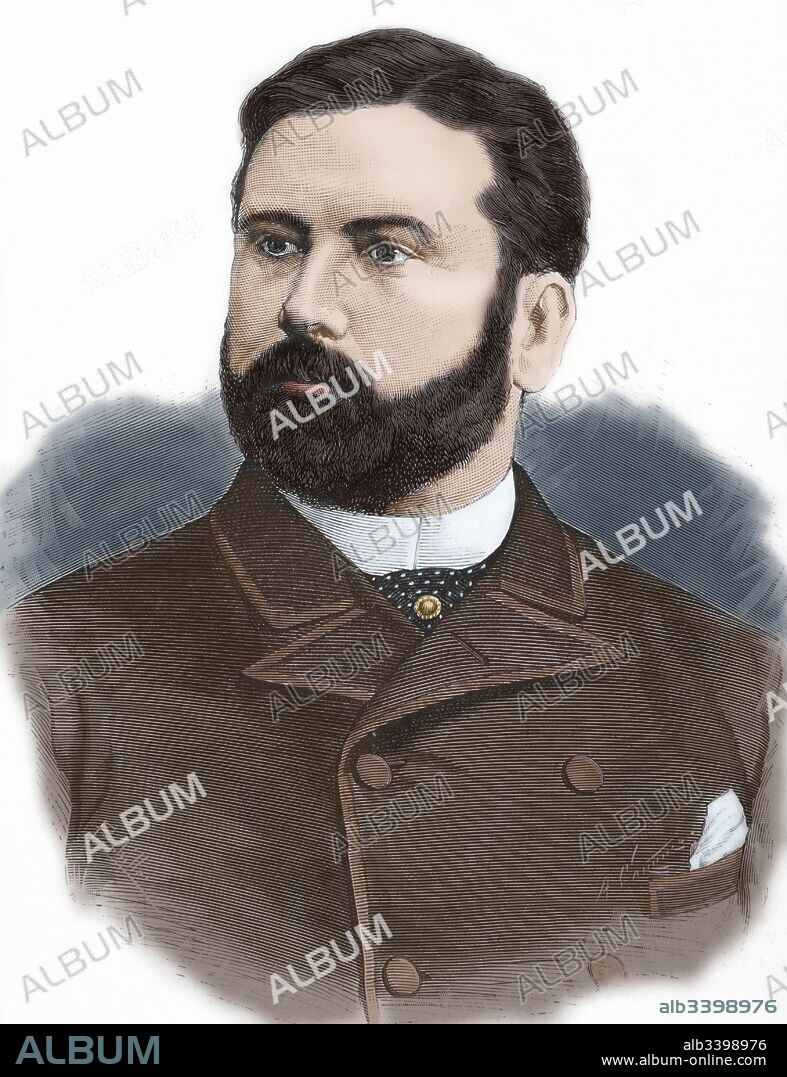 Raimundo Fernández Villaverde (1848-1905). Político y economista español. Ministro de Hacienda en el gobierno Silvela, presidente del Congreso. Grabado por Arturo Carretero. La Ilustración Española y Americana, 1884. Coloreado.