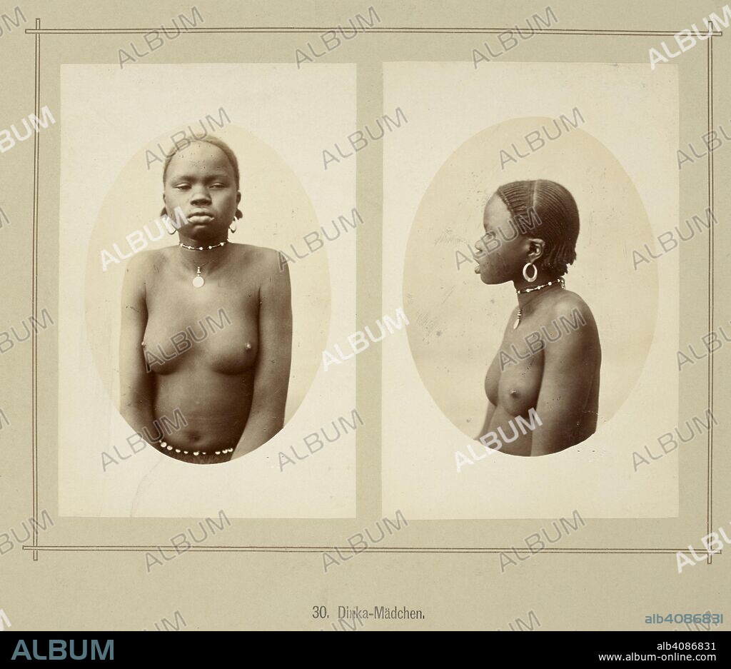 RICHARD BUCHTA. Dinka girl.  Portrait of a Dinka girl wearing earrings and neck ornaments, her hair closely braided.  Native of the Southern Sudan. Die oberen Nil-LaÌˆnder. Volkstypen und Landschaften. Dargestellt in 160 Photographien. Nach der Natur aufgenommen von R. Buchta. Mit einer Einleitung von Dr. Robert Hartmann. Berlin, 1881. Source: 1789.a.13 plate 30. Language: German.