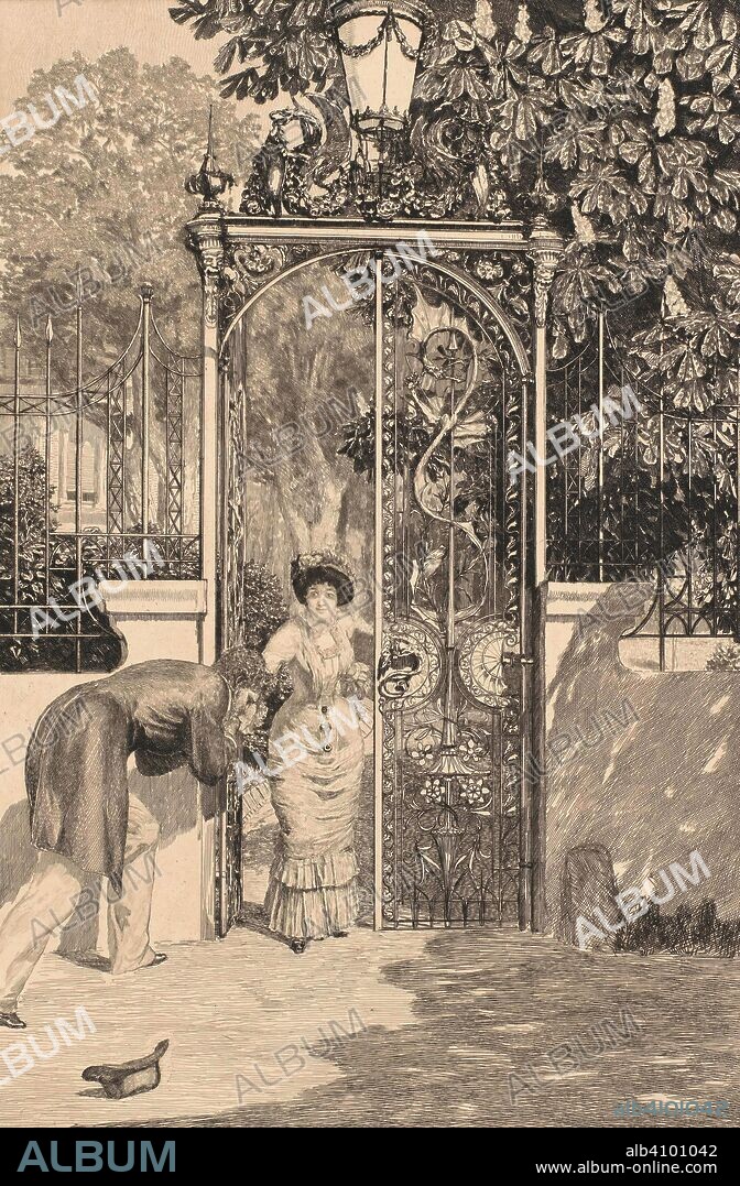 MAX KLINGER. At the Gate (Plate 3) (Am Thor) from the series Eine Liebe, Opus X. Dimensions: 68.5 cm x 51.6 cm, 45.4 cm x 31.6 cm, 40.6 cm x 26.9 cm.