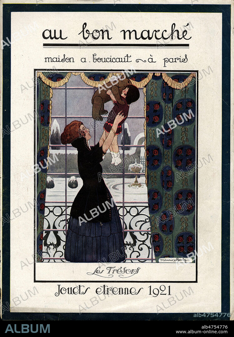 Une mere porte sa fille qui tient un ours en peluche. Publicite de 1921 pour les jouets et etrennes du Bon Marche. Illustration par Maurice BERTY. Credit : Collection IM/KHARBINE-TAPABOR.