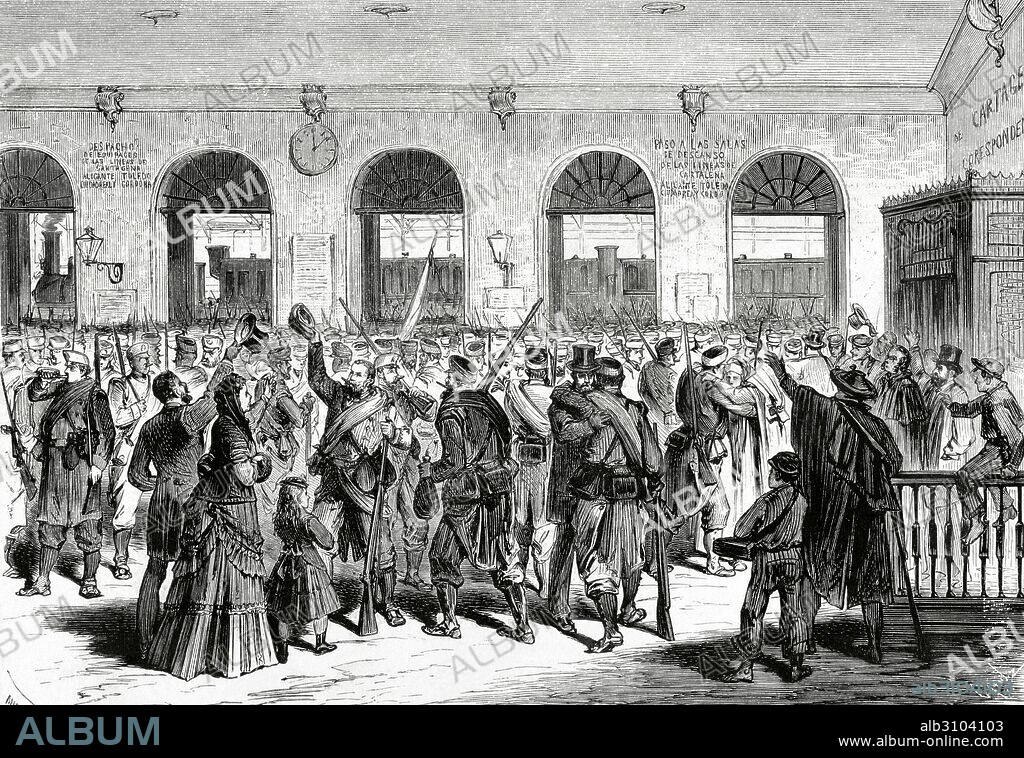 TERCERA GUERRA CARLISTA (1872-1876). España. Madrid. Salida para Cuba del Batallon cazadores de Santander. Grabado por Capuz. La Ilustración Española y Americana, 1872.