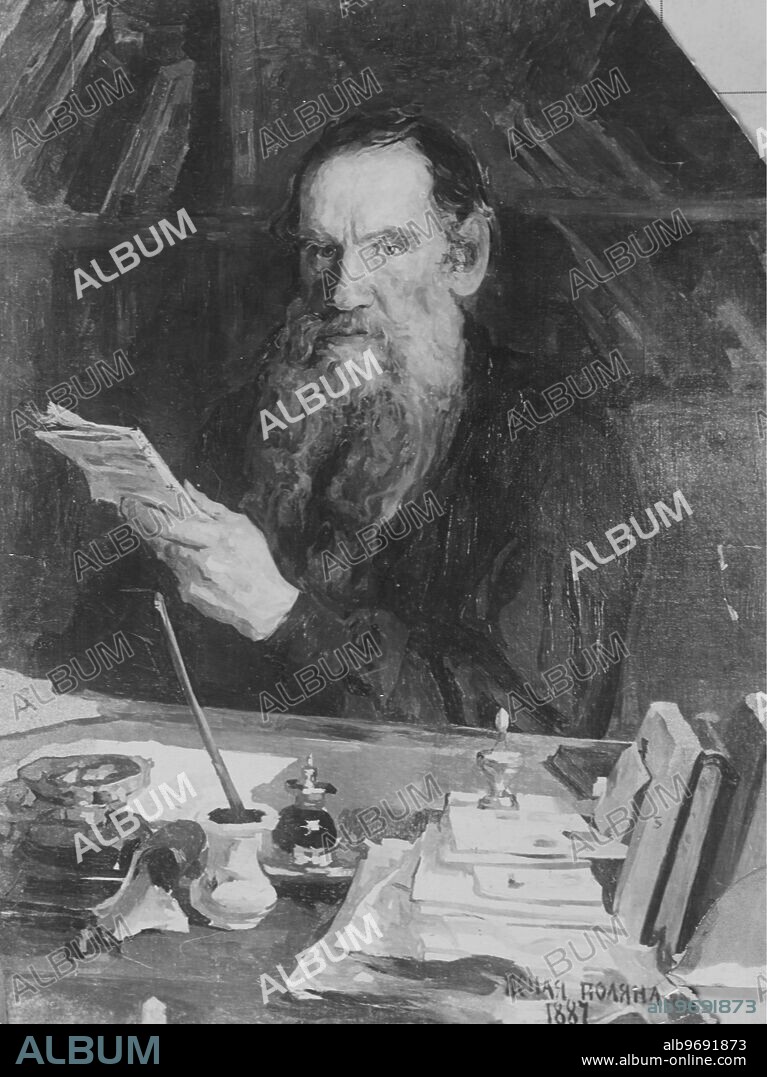 Painting by I. Repin of Count Lev Nikolayevich Tolstoy (1828-1910), also known as Leo Tolstoy, Russian novelist, short story writer, philosopher and playwright. 1887. Supplied By: SCRSS - Society for Co-operation in Russian & Soviet Studies.