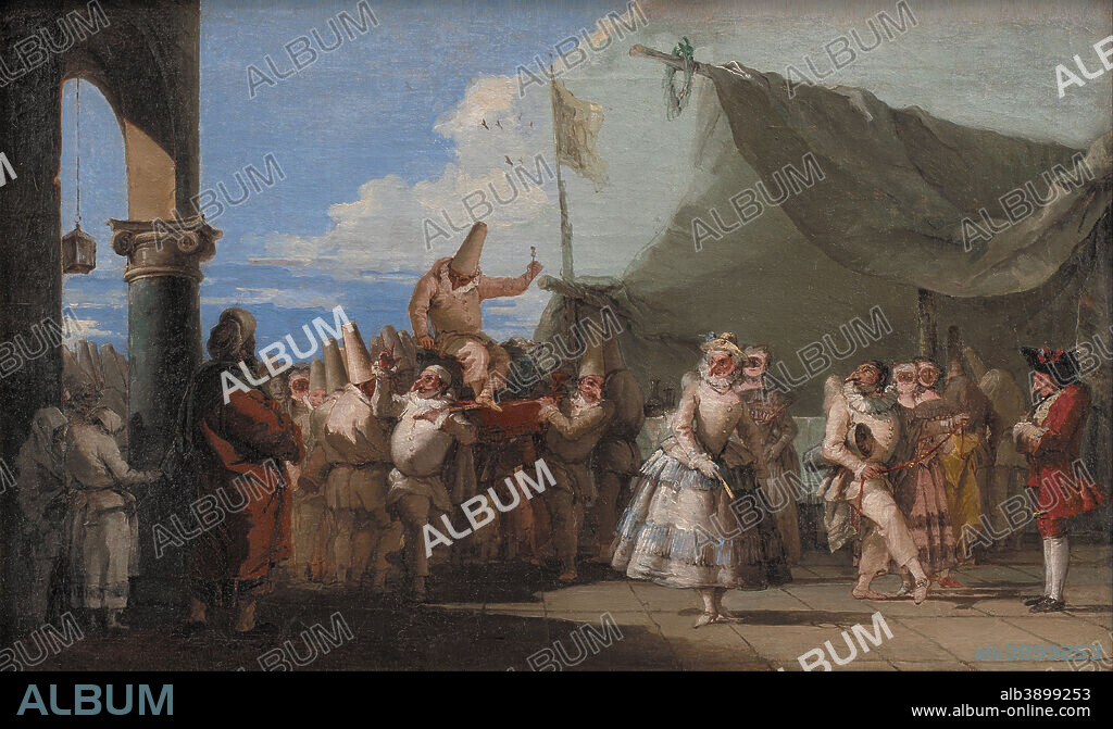 GIOVANNI DOMENICO TIEPOLO. The Triumph of Pulcinella. Date/Period: From 1760 until 1770. Painting. Oil on canvas. Height: 350 mm (13.77 in); Width: 575 mm (22.63 in).