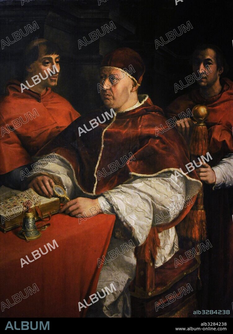 León X (1475-1521). Papa italiano (1513-1521), hijo de Lorenzo el Magnífico. Retrato de León X con dos cardenales, 1525. Obra de Andrea d'Agnolo llamado Andrea del Sarto (copia de Rafael) (1486-1530). Colección Farnese. Museo de Capodimonte. Nápoles. Italia.