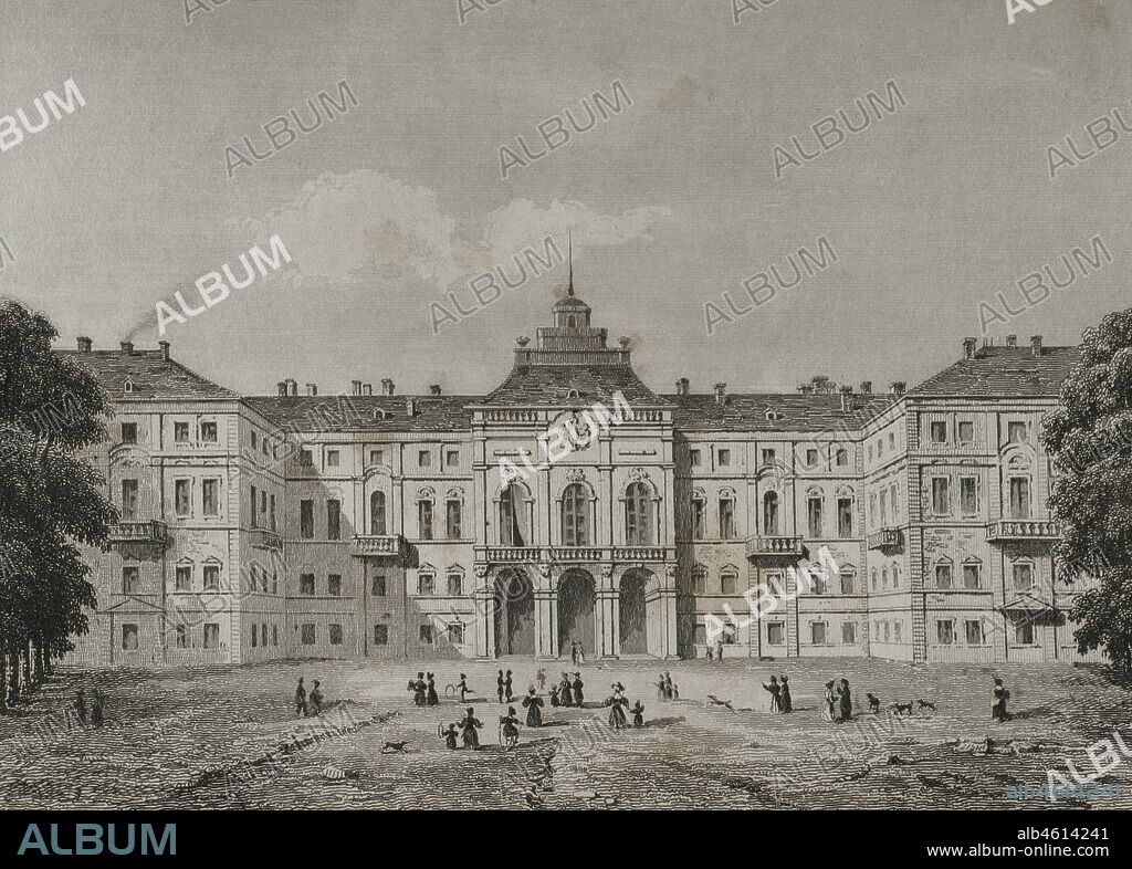 Rusia. Alrededores de San Petersburgo. Strelna. Palacio de Konstantinovski o Palacio de Constantino, también llamado Palacio de los Congresos. Su construcción se inició en 1720. Grabado por Lemaitre y S. Cholet. Historia de Rusia por Chopin. Panorama Universal, edición española de 1839.