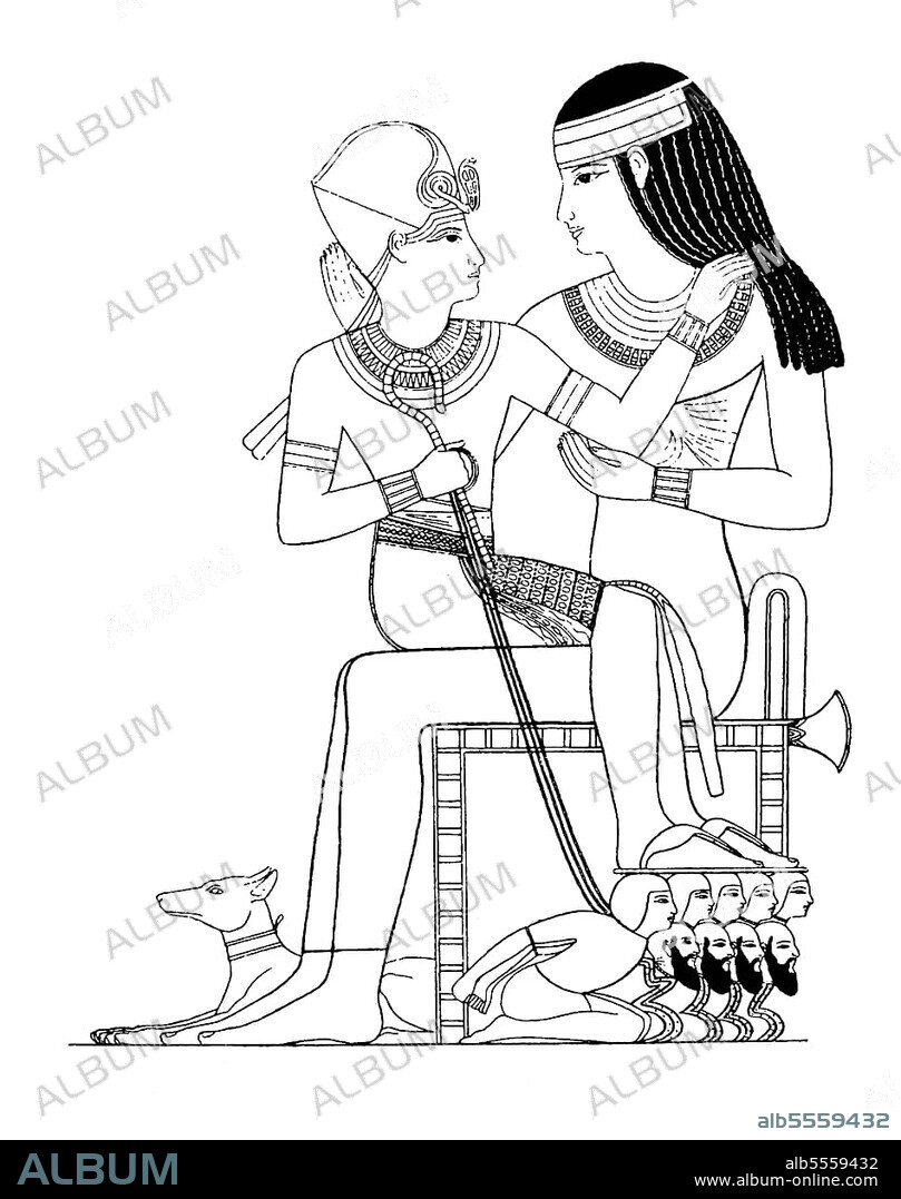 Amenophis II Amenhotep, was the seventh ancient Egyptian king, pharaoh, of the 18th dynasty, shown here as a child with his governess, History of Fashion, History of Costume, Historical, digital reproduction of an original 19th-century artwork