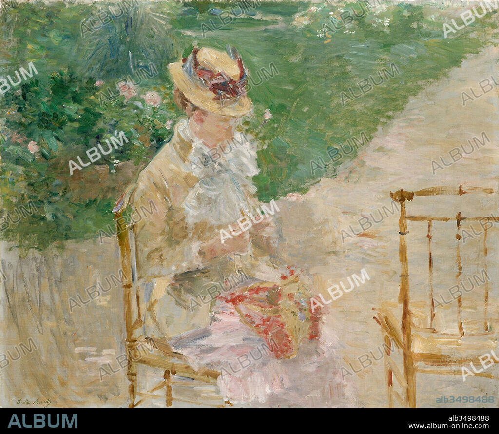 Young Woman Knitting, ca. 1883, Oil on canvas, 19 3/4 x 23 5/8 in. (50.2 x 60 cm), Paintings, Berthe Morisot (French, Bourges 1841–1895 Paris), Morisot, who exhibited with the Impressionists between 1874 and 1886, painted a number of figures out-of-doors in which she tried to achieve the same informal and spontaneous appearance as her watercolors and pastels.