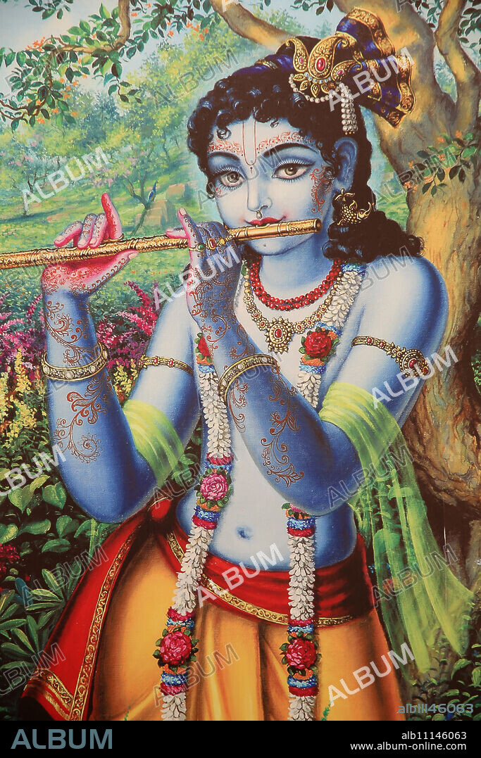 Painting depicting Hindu god Krishna playing a flute outdoors, Vrindavan, Uttar Pradesh, India, Asia.