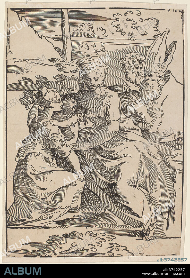 ANTONIO DA TRENTO AFTER PARMIGIANINO. The Holy Family with Two Saints. Dimensions: sheet (trimmed to and within border): 31 x 21.7 cm (12 3/16 x 8 9/16 in.)  support: 32.3 x 22.5 cm (12 11/16 x 8 7/8 in.). Medium: chiaroscuro woodcut printed in black from line block only [proof].