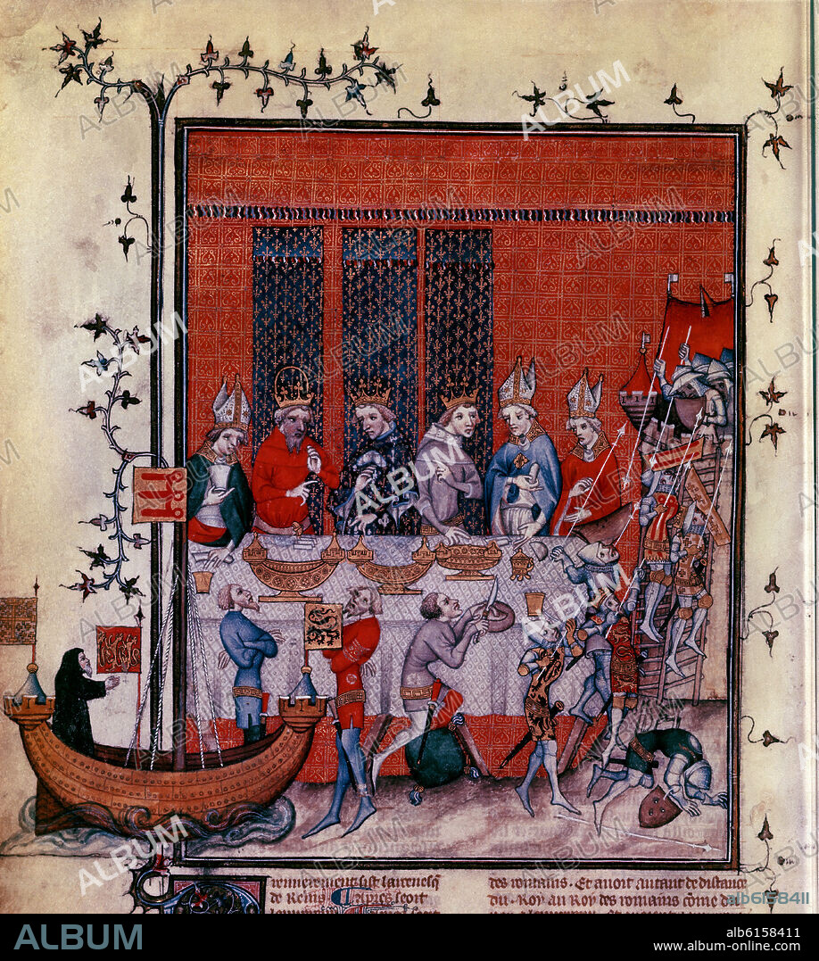 CRONICA FRANCIA-FESTIN EN HONOR A CARLOS IV EN PALACIO-MINIATURA GOTICA.