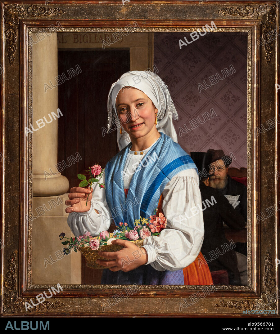 Giovanni Pagliarini (1808-1878); Girl with a basket, inside the billiard room; oil on canvas, 61 x 75 cm.. Assicoop Unipol collection, inv. No. 716.