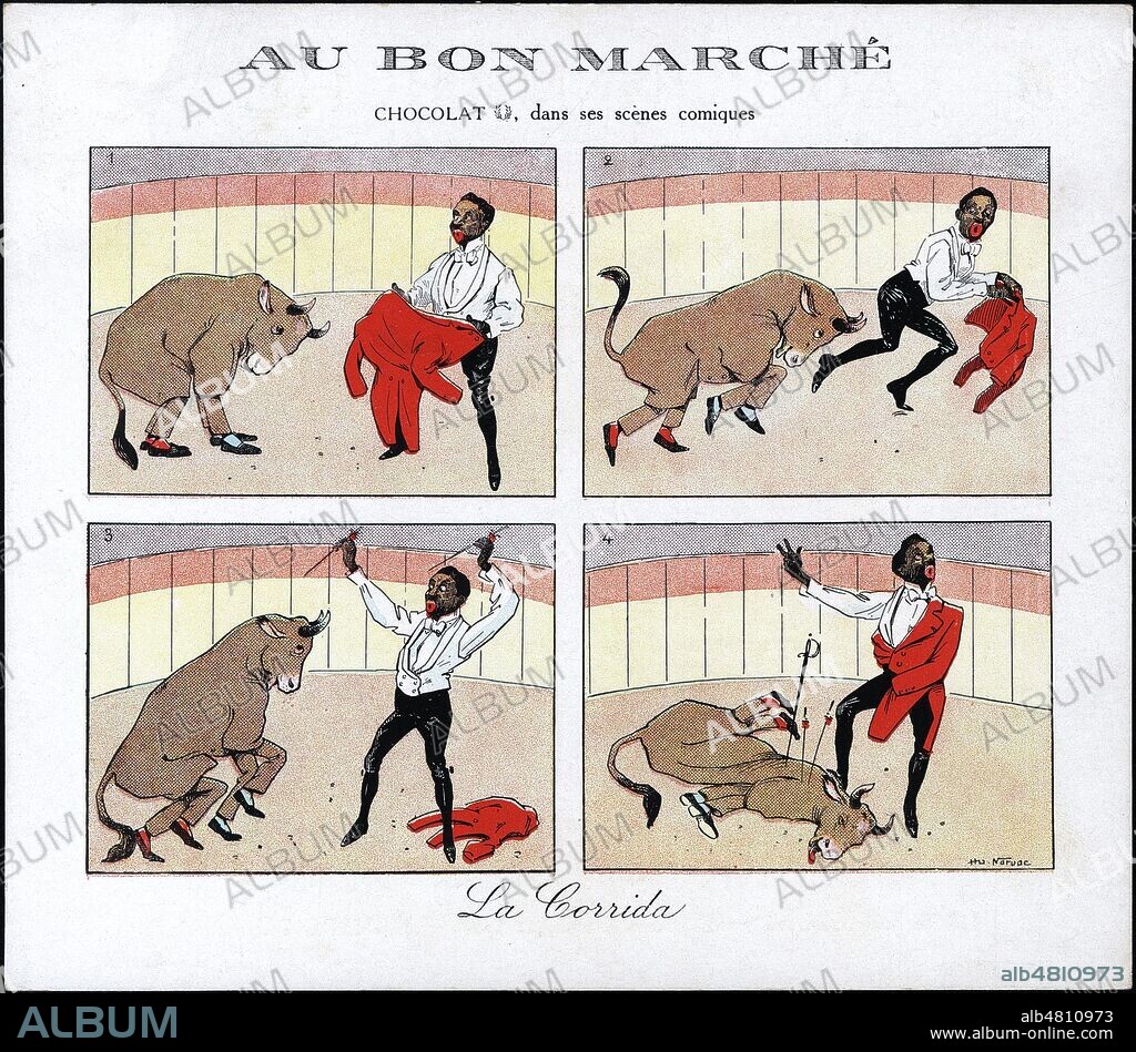 Les clowns FOOTIT (1864-1921) et CHOCOLAT (1868-1917) dans leur numero La Corrida. Illustration de Hu NORVAC pour un chromo publicitaire pour le Bon Marche vers 1900. Credit Collection IM/Kharbine Tapabor.