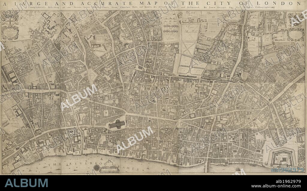 WILLIAM MORGAN and JOHN OGILBY. A large and accurate map of the City of London. Ichnographically describing all the Streets, Lanes, Alleys, Courts, Yards, Churches, Halls and Houses, &c. The city arms and dedication to the Lord Mayor, the Aldermen and Sheriffs of the city in cartouche at top left and arms of Sheldon, Lord Mayor at top right and with compass star and dividers at bottom centre. This is the first accurate and detailed map of London, with all the buildings represented in plan rather than as bird's eye views . 1677. Source: Maps.Crace.2.61.