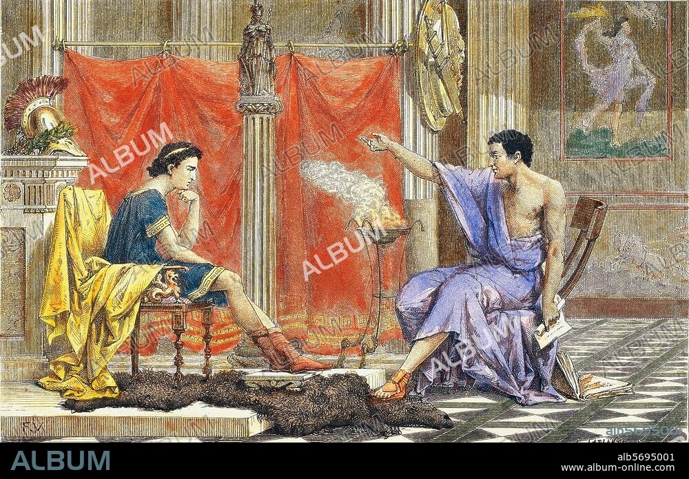 ANONYM. Alexander der Große, König von Makedonien, 356-323 v. Chr. "Aristoteles und sein Schüler Alexander". (Der Philosoph Aristoteles, 384-322 v. Chr., am Hofe Philipps II. von Makedonien als Erzieher des jungen Alexander). Holzstich, unbez., spätere Kolorierung. Aus:. H.Göll, Die Weisen und Gelehrten des Alterthums, Leipzig (Otto Spamer) 1876. Berlin, Sammlung Archiv für Kunst und Geschichte.