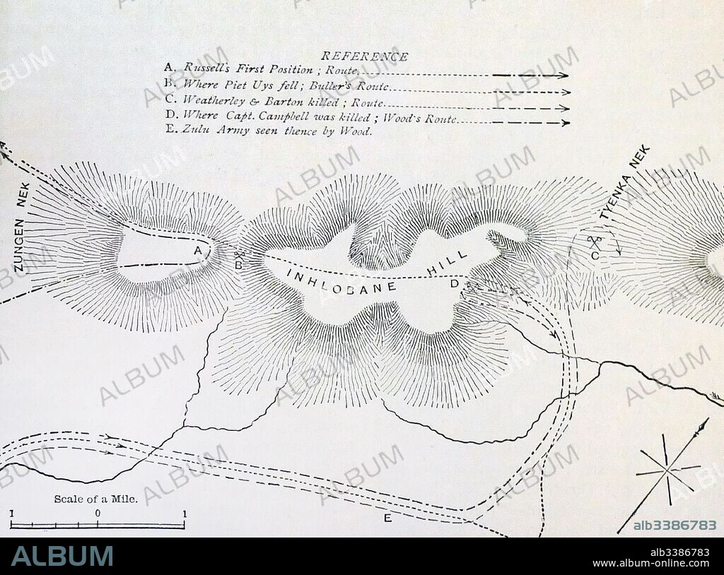 Plan of the fight for the Battle of Hlobane. Battle of Hlobane was a battle of the Anglo-Zulu War. Dated 19th Century.