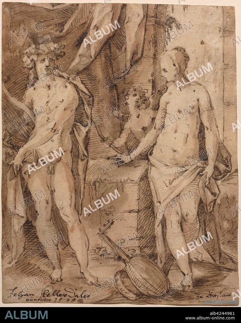 Apollo with Erato and Cupid, 1595. Johann Kellerthaler (German, c 1560/2-1611). Pen and black ink and brown wash heightened with white gouache ; sheet: 19.1 x 15 cm (7 1/2 x 5 7/8 in.).