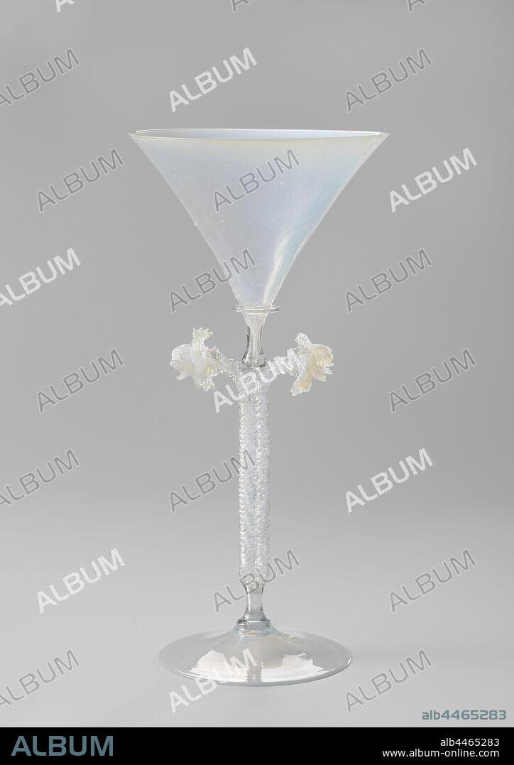Goblet Opaque white and blue glass with double, twisted stem ending in two roses, Opaque white and blue glass with double, flowers: rose, Francesco Salviati, Venice, c. 1875, glass, glassblowing, h 30 cm × d 14.8 cm d 11.4 cm.