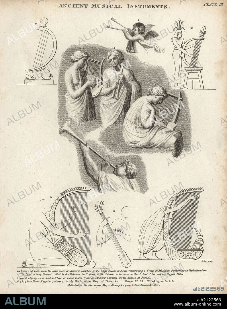 Roman musicians performing an Epithalamium (1-3), long trumpet or tuba (4), Cupid playing a double flute or Tibiae pares (5) and Egyptian musicians playing harps and a lute-like instrument (6-10). Copperplate engraving by John Lee from Abraham Rees' Cyclopedia or Universal Dictionary of Arts, Sciences and Literature, Longman, Hurst, Rees, Orme and Brown, London, 1820.