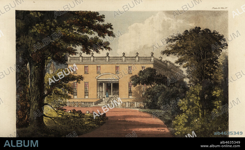 Nutwell Court, Exeter, seat of Sir Thomas Trayton Fuller-Eliott-Drake. Georgian neo-classical manor house with portico entrance. Handcoloured copperplate engraving after an illustration by John Gendall from Rudolph Ackermanns Repository of Arts, London, 1823.