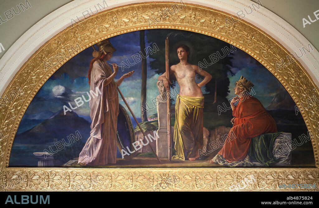 John La Farge, Athens, 1898, oil on canvas, 108 in. x 240 in. (274.32 cm x 609.6 cm), The Museum's central rotunda is a magisterial space decorated below the dome by four large semicircular murals by the four leading painters of the American Renaissance: Elihu Vedder, Kenyon Cox, Abbott Thayer and John LaFarge. They were commissioned by McKim who believed in the unity of the arts and constituted an extremely important ensemble of architectural decoration. The original mural scheme called for each artist to paint an allegorical representation of one of the four cities perceived at the time as most central to the development of western art. John LaFarge depicts Athens through the medium of ancient Greek mythology, with a few Roman allusions thrown in. As the crowned personification of the city looks on, Minerva, goddess of wisdom, sketches a semi-nude female figure who is at once a classical nymph and, leaning on a head of Pan, a more general symbol of Nature. More richly colored than the other murals, LaFarge's painting bespeaks his work with the brilliant hues of stained glass.