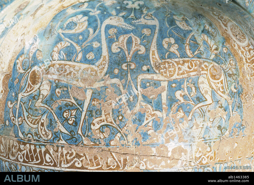 Vase of the Gazelles. Glazed pottery. Nasrid Period (1301-1400).14th century. Detail depicting two gazelles facing. Alhambra Museum. Granada. Spain.