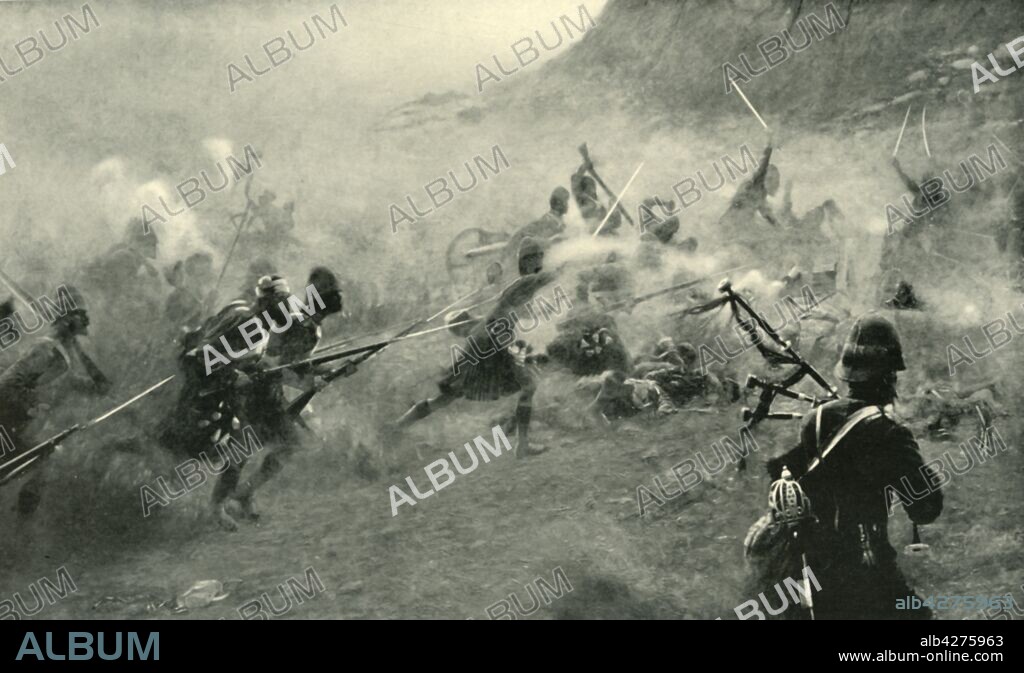 'Battle of Kandahar - "The 92nd Are To Take The Guns"', (1901). The Battle of Kandahar in southern Afghanistan was fought on 1 September 1880 between the British under General Frederick Sleigh Roberts and Afghan forces led by Ayub Khan. It was the last major conflict of the Second Anglo-Afghan War. The 92nd Highlanders are seen advancing, with a piper in the foreground. After a painting made before 1899. From "The Life and Deeds of Earl Roberts, Vol. III. - To The End of Lord Roberts's Indian Career", by J. Maclaren Cobban. [T. C. & E. C. Jack, Edinburgh, 1901].