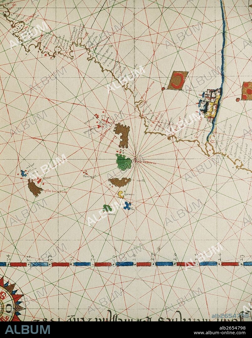 MAPA DE LAS ISLAS CANARIAS Y DE LA COSTA OESTE DEL CONTINENTE AFRICANO. ATLAS PORTULANO o Carta Nautica de JOAN MARTINES, cartógrafo español, residente en Palermo. Perteneciente a la Escuela Menorquina. El manuscrito consta de 19 mapas a doble folio. Messina (Sicilia), 1587. Biblioteca Nacional. Madrid. España.