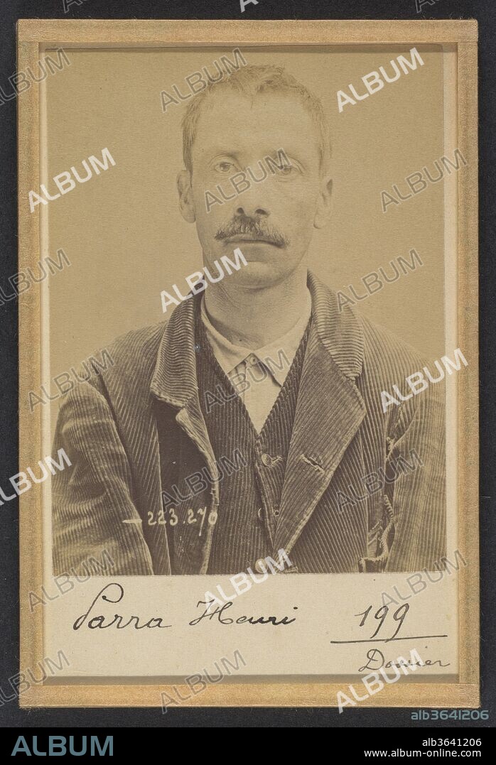 Para (ou Parra). Henri. 38 ans, né le 16/5/56 à Paris Ve. Camelot. Anarchiste. 4/9/94. Artist: Alphonse Bertillon (French, 1853-1914). Dimensions: 10.5 x 7 x 0.5 cm (4 1/8 x 2 3/4 x 3/16 in.) each. Date: 1894.
Born into a distinguished family of scientists and statisticians, Bertillon began his career as a clerk in the Identification Bureau of the Paris Prefecture of Police in 1879. Tasked with maintaining reliable police records of offenders, he developed the first modern system of criminal identification. The system, which became known as Bertillonage, had three components: anthropometric measurement, precise verbal description of the prisoner's physical characteristics, and standardized photographs of the face. 
In the early 1890s Paris was subject to a wave of bombings and assassination attempts carried out by anarchist proponents of "propaganda of the deed." One of Bertillon's greatest successes came in March 1892, when his system of criminal identification led to the arrest of an anarchist bomber and career criminal who went by the name Ravachol (2005.100.375.348). The publicity surrounding the case earned Bertillon the Legion of Honor and encouraged police departments around the world to adopt his anthropometric system.