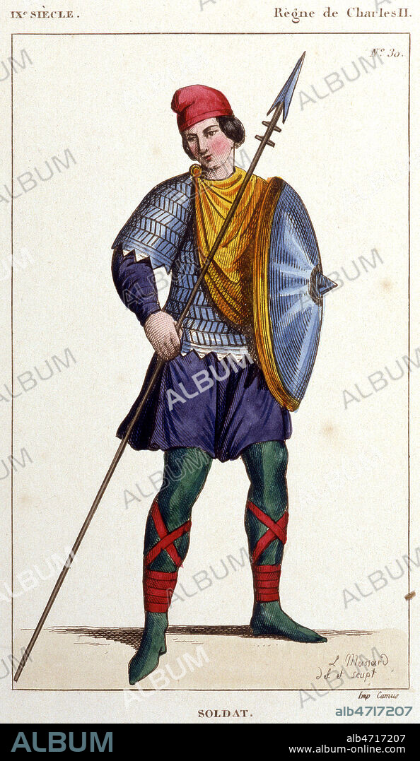 Soldat carolingien sous le regne de Charles II. Illustration tiree de l'ouvrage 'costumes historiques de la France' par Paul LACROIX, publie en 1850. Credit : Collection KHARBINE-TAPABOR.