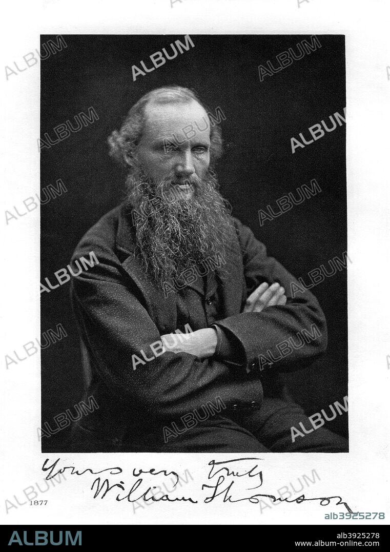 William Thomson, Lord Kelvin, Irish-Scottish mathematician, physicist and engineer, 1877. Kelvin (1824-1907) was a leader in the physical sciences of the 19th century. He did important work in the mathematical analysis of electricity and thermodynamics, and did much to unify the various theories of heat held by leading scientists of the time. Kelvin introduced the Kelvin or absolute scale of temperature, and discovered the Thomson effect in thermoelectricity. Also significant are his discoveries and improvements in the field of communication via submarine cables, and his invention of the reflecting galvanometer and the siphon recorder.