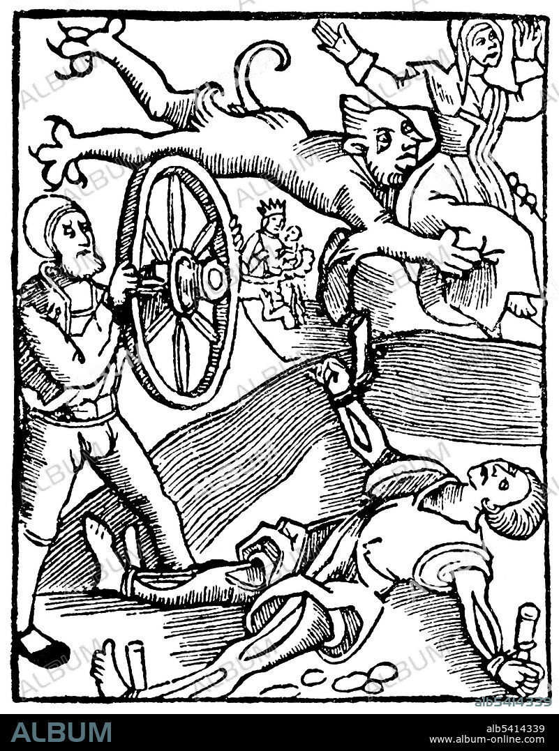 Satan carrying off the soul of a witch and the rupture of a criminal on the wheel. A witch is a person, usually a woman, who professes or is supposed to practice magic, especially black magic or the black art. Witchcraft is the use of magical faculties, most commonly for religious, divinatory or medicinal purposes. This may take many forms depending on cultural context. The belief in and the practice of magic has been present since the earliest human cultures and continues to have an important religious and medicinal role in many cultures today. The breaking wheel, also known as the Catherine wheel or simply the wheel, was a torture device used for capital punishment from antiquity into early modern times for public execution by breaking the criminal's bones/bludgeoning him to death.