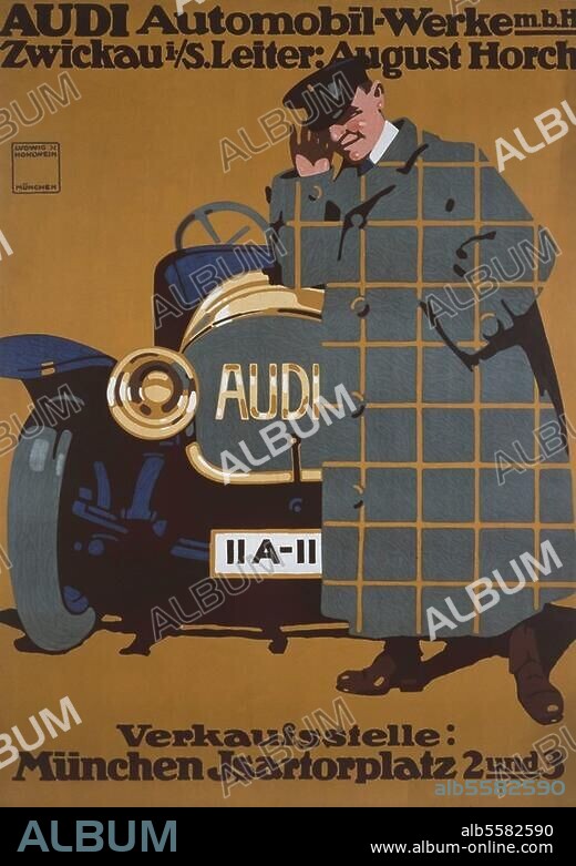 Traffic:. Car / Audi. "AUDI Automobil-Werke m. b. H. Zwickau i. / S. Leiter: August Horch". Advertising poster. Graphic design by Ludwig Hohlwein. (1874-1949).