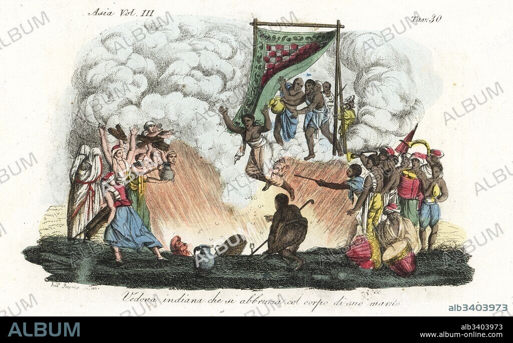 Indian sati or suttee ritual. A widow throws herself onto her late husband's funeral pyre. Handcoloured copperplate engraved and drawn by Andrea Bernieri from Giulio Ferrario's Ancient and Modern Costumes of all the Peoples of the World, Florence, Italy, 1844.