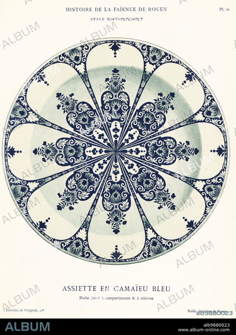 Plate in blue camaieu, festoon style. Assiette en camaieu bleu, style rayonnant. Chromolithograph after an illustration by Emilie Pottier from Andre Pottier's Histoire de la Faience de Rouen, Auguste le Brument, Rouen, 1870.