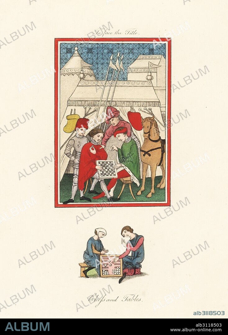 Board games of chess and tables (backgammon) from 14th century manuscripts. Knights in armour playing chess watched by other knights in front of a military encampment. Handcoloured lithograph by Joseph Strutt from his own Sports and Pastimes of the People of England, Chatto and Windus, London, 1876.