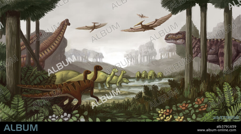 Landscape and animals of the Cretaceous period, the last period of the Mesozoic Era. Dinosaurs still dominated the land during this period.
