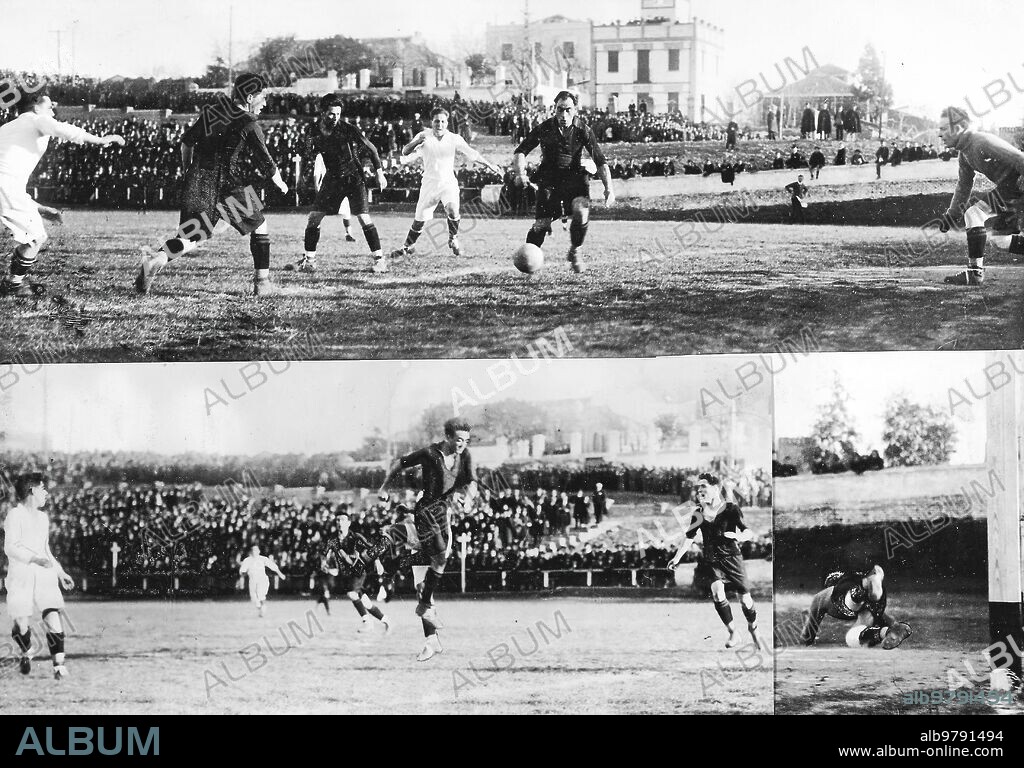 1924. Madrid. En el campo de Deportes de la ciudad Lineal.
Tres Momentos del interesante partido de futbol jugado ayer por los Equipos del Arenas, de Bilbao y del real Madrid F.C.