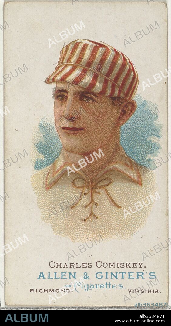 Charles Comiskey, Baseball Player, from World's Champions, Series 1 (N28) for Allen & Ginter Cigarettes. Dimensions: Sheet: 2 3/4 x 1 1/2 in. (7 x 3.8 cm). Lithographer: Lindner, Eddy & Claus (American, New York). Publisher: Allen & Ginter (American, Richmond, Virginia). Date: 1887.
Trade cards from "World's Champions," Series 1 (N28), issued in 1887 in a set of 50 cards to promote Allen & Ginter brand cigarettes.