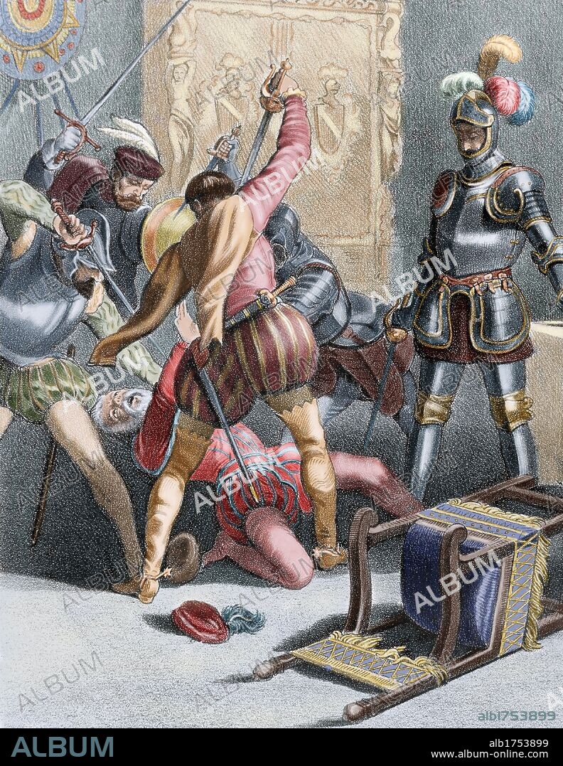 Francisco Pizarro (1478-1541). Spanish conqueror. Pizarro's murder by followers of Diego de Almagro (June 26, 1541). Colored Engraving. 19th century.