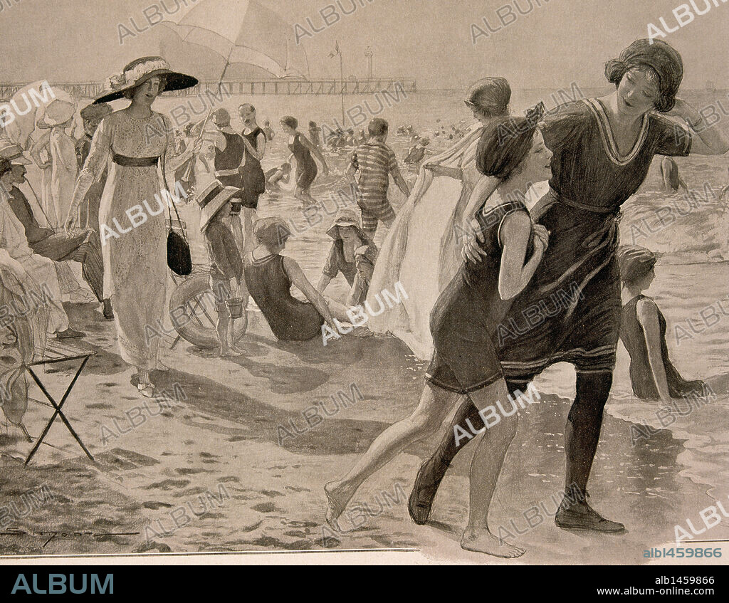 HISTORIA SIGLO XIX. GRUPO DE BAÑISTAS EN UNA PLAYA. Grabado.