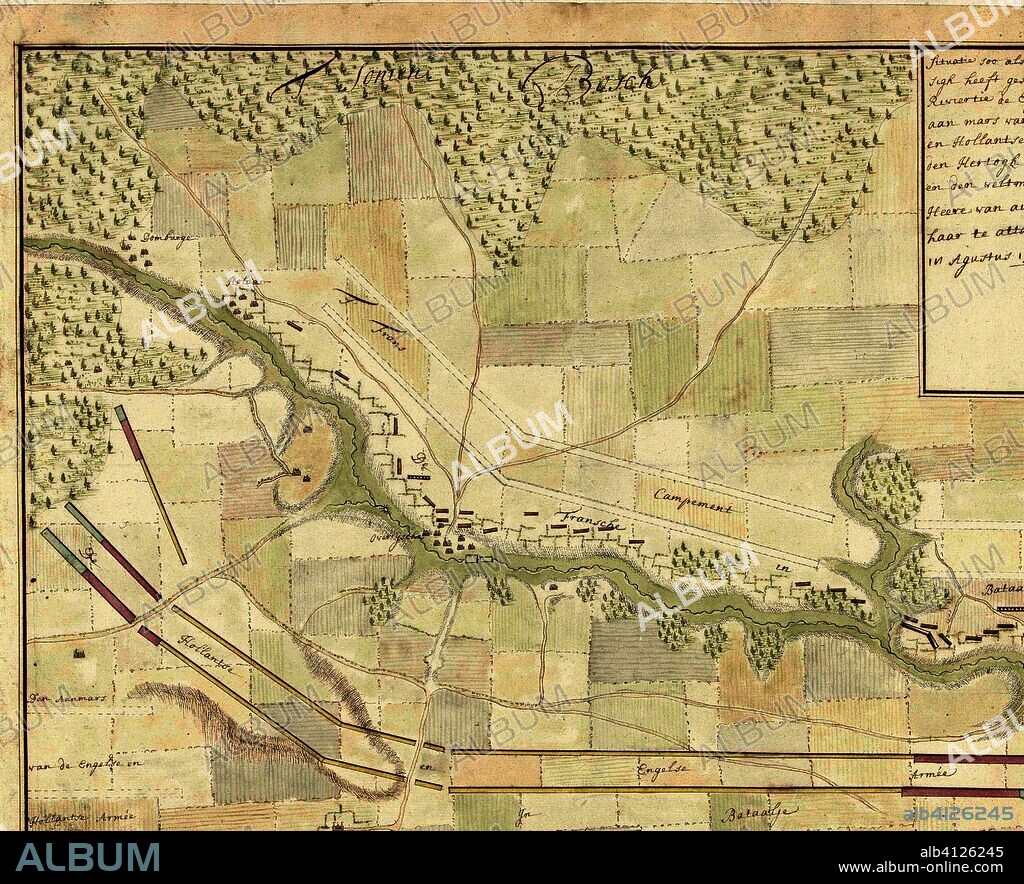 Slagorde van het Franse leger achter de rivier de IJse, 1705. Situatie soo als het frans leger sigh heeft gestelt, agter het Riviertje de Eysche in de aan mars van de Engelse en Hollantse armée, onder den Hertogh van Marlbourg en den veltmarschalk den Heere van auwerquerc, om haar attakeren op den 18 Augustus 1705 (title on object). Draughtsman: Samuel Du Ry de Champdoré. Dating: 1705. Place: Netherlands. Measurements: h 317 mm × w 404 mm.