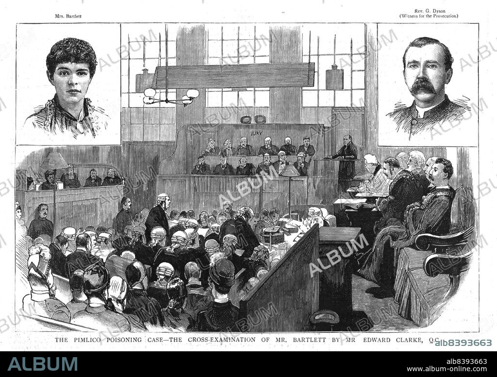 'The Pimlico poisoning case - The cross examination of Mr Bartlett by Mr Edward Clarke, QC' 1886. From "The Graphic. An Illustrated Weekly Newspaper Volume 33. January to June, 1886".