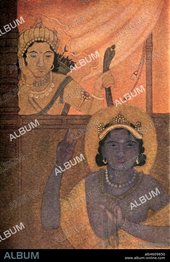 'Yama and Nachitekas', 1920. Nachiketas is a character in the story of the nature of the soul and  power of spiritual determination taught by the god of Death, Yama, in the Katha Upanishad (c5th century BC). From "Myths of the Hindus & Buddhists", by The Sister Nivedita and Ananda K. Coomaraswamy. [George G. Harrap & Company Ltd, London, 1920].