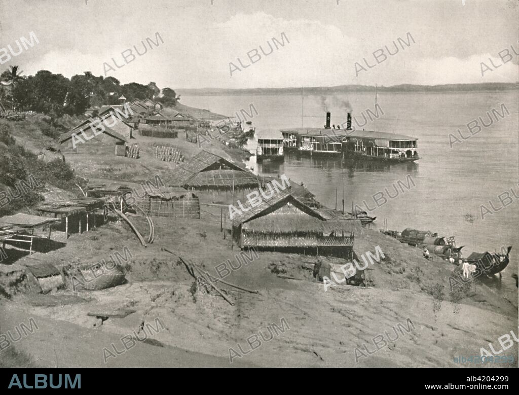 'Bhamo - Irrawaddy Flotilla Mail Steamer at the Ghat', 1900. From "Typical Photographs of Burma - Burmese Life and Scenes". [Rowe & Co. Ltd., Rangoon, 1900].