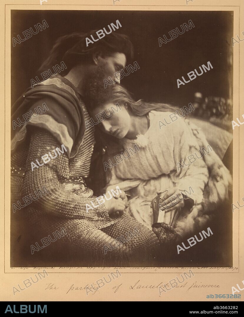 The Parting of Lancelot and Guinevere. Artist: Julia Margaret Cameron (British (born India), Calcutta 1815-1879 Kalutara, Ceylon). Dimensions: Image: 33.2 x 28.8 cm (13 1/16 x 11 5/16 in.)
Mount: 44 x 33.3cm (17 5/16 x 13 1/8in.). Date: 1874.
In 1874 Tennyson asked Cameron to make photographic illustrations for a new edition of his Idylls of the King, a recasting of the Arthurian legends. Responding that both knew that "it is immortality to me to be bound up with you," Cameron willingly accepted the assignment. Costuming family and friends, she made some 245 exposures to arrive at the handful she wanted for the book. Ultimately--and predictably--she was unhappy with the way her photographs looked reduced in scale and translated into wood engravings, and she chose to issue a deluxe edition, at her own risk, that included a dozen full size photographic prints in each of two volumes.