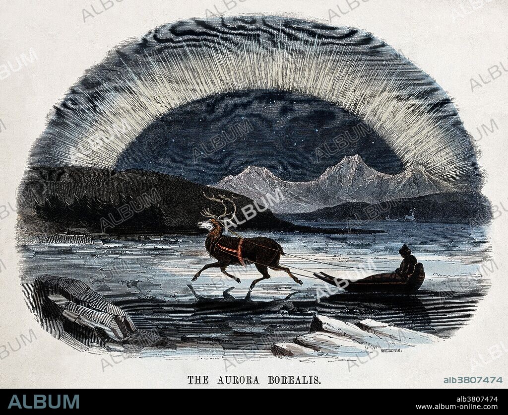 The Aurora Borealis, with a reindeer-drawn sledge. Colored wood engraving by Charles H. Whymper (British, 1853-1941).