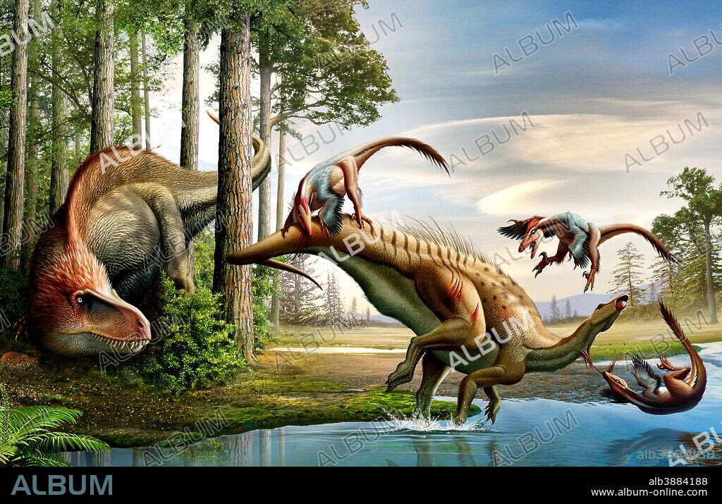 A Cretaceous Acrocanthosaurus observing a Tenontosaurus being attacked by a group of Deinonychus.