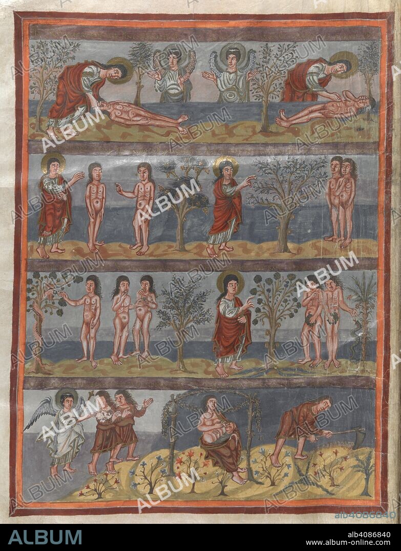 ANON. The creation of Adam and Eve. God gives Eve to Adam, and warns of the Tree of Knowledge. Adam and Eve eat from the Tree of Knowledge; God confronts them. The Expulsion from the idealized landscape of Eden to labour on thorny soil; Adam digs, while Eve suckles child. Moutier-Grandval Bible. France, Tours [St Martin]; circa 834-843. Source: Add. 10546, f.5v. Language: Latin.